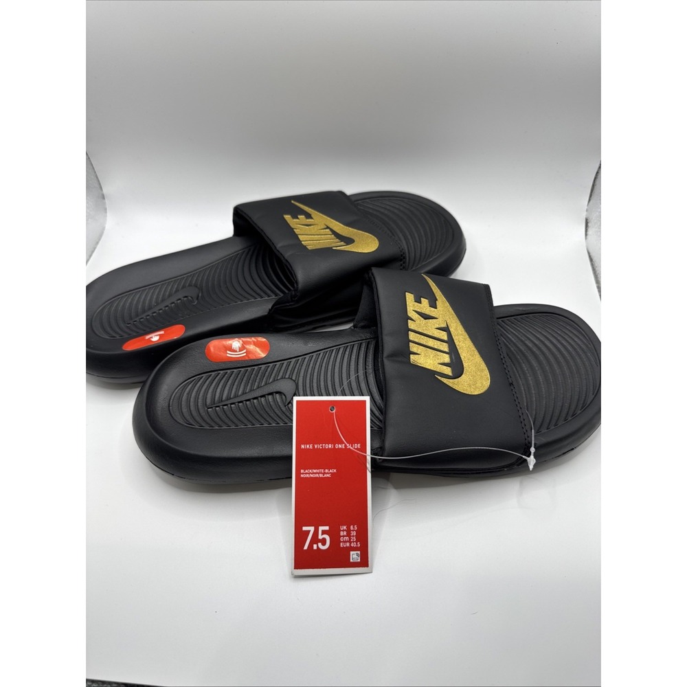 Nike Women's Victori One Slip On Cushioned Slide Black Gold 7  1/2 #998